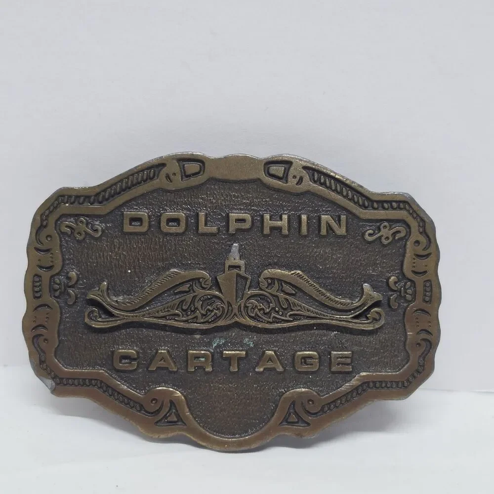 Vintage Dolphin Cartage Navy Submarine? Ship & Fish Brass Belt Buckle CD Hit